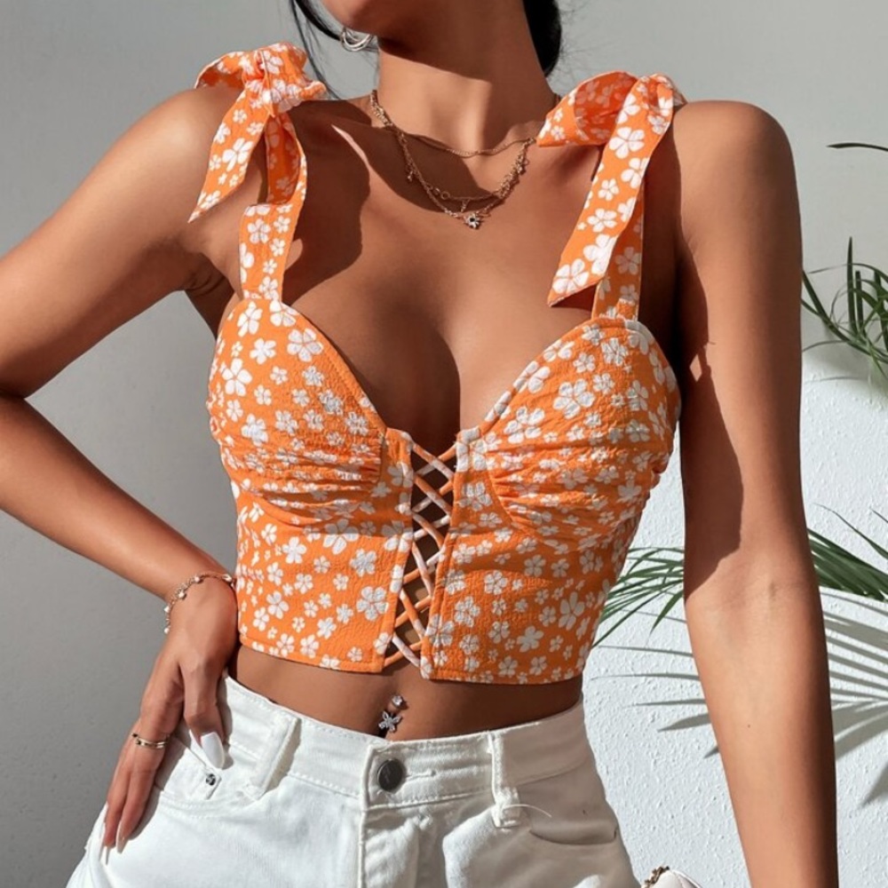 Floral print crisscross tie shoulder top